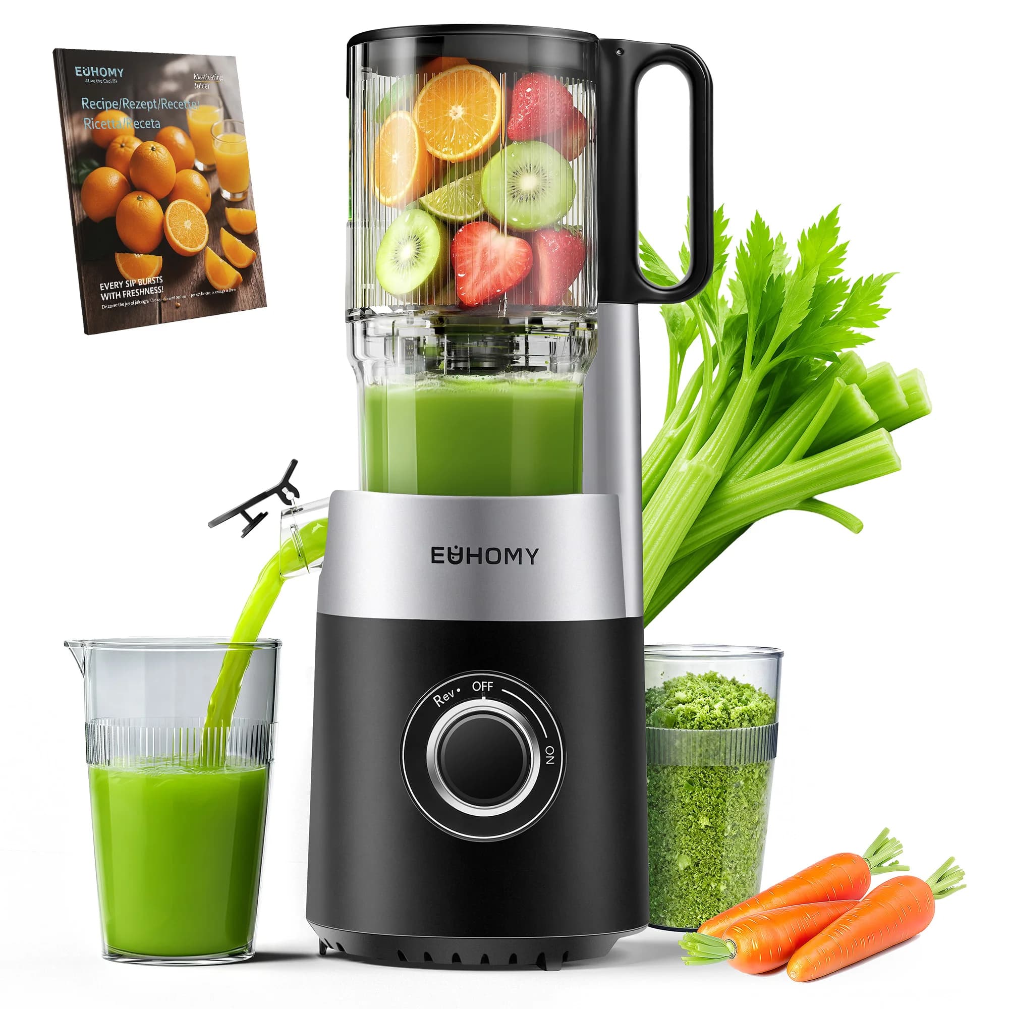 Wyciskarka wolnoobrotowa z potrójnym systemem filtracji - wałek napełniający 135 mm - 220 W - czarna - 0,7 l - do owoców i warzyw - 99%