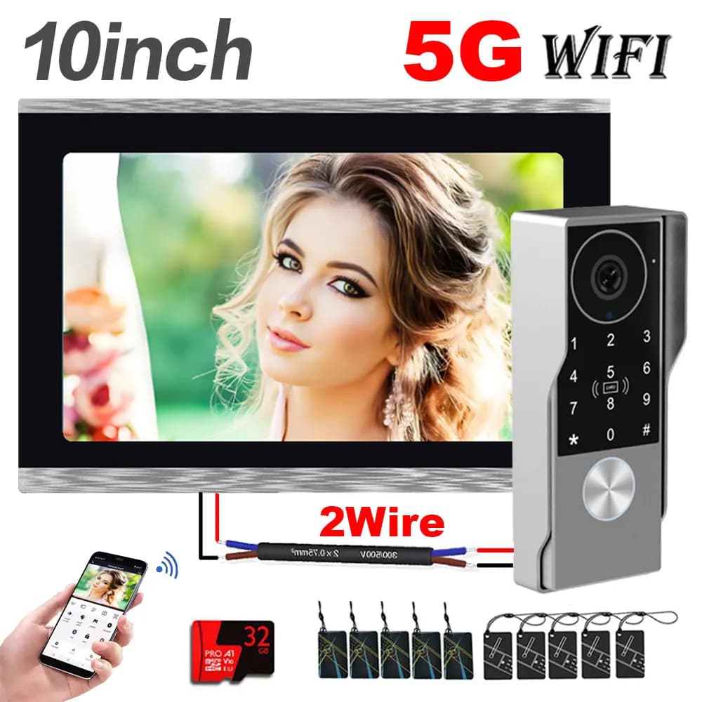 2-przewodowy inteligentny wideodomofon TUYA z kamerą 1080P, wodoodporny, 5G Wifi, ekran dotykowy 7/10 cali, obsługa hasła i karty zbliżeniowej