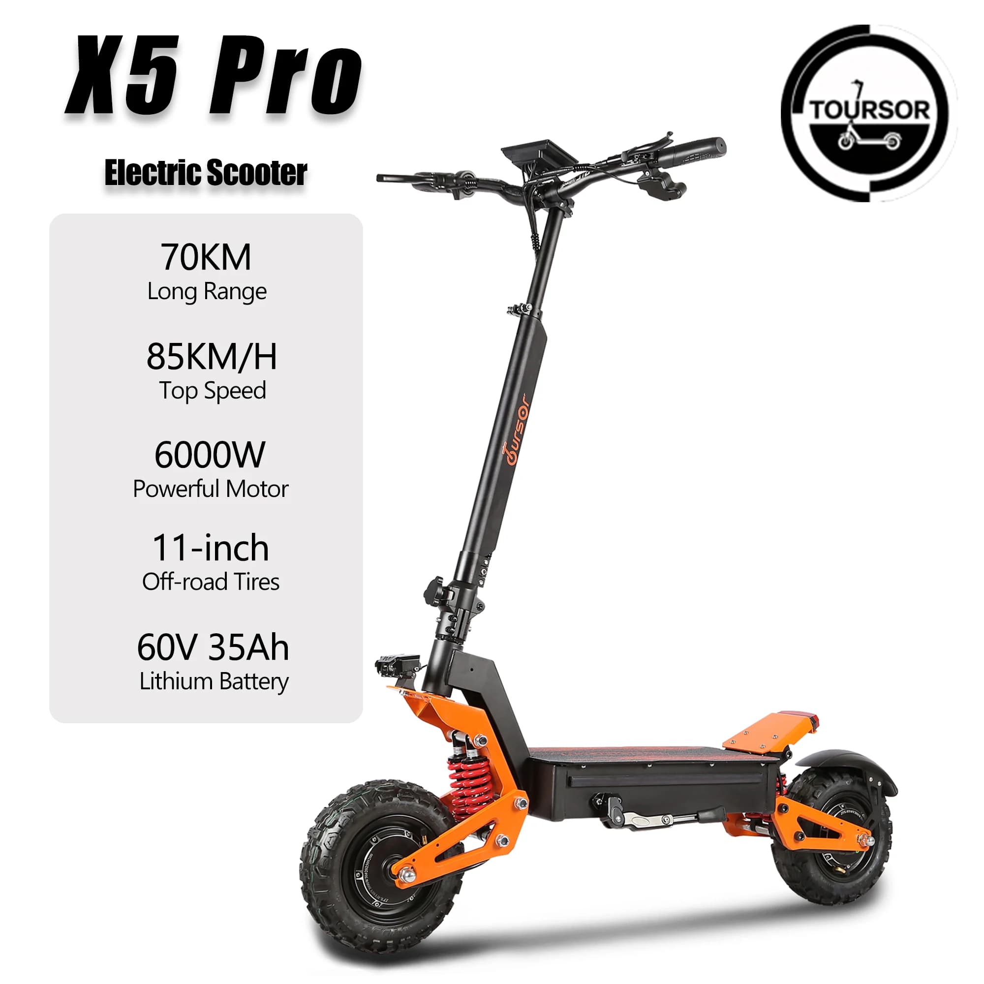 Skuter elektryczny TOURSOR X5 Pro, składany, silnik 6000W, prędkość 85km/h, zasięg 70km, bateria 60V/35AH, opony 11-calowe, dla dorosłych.