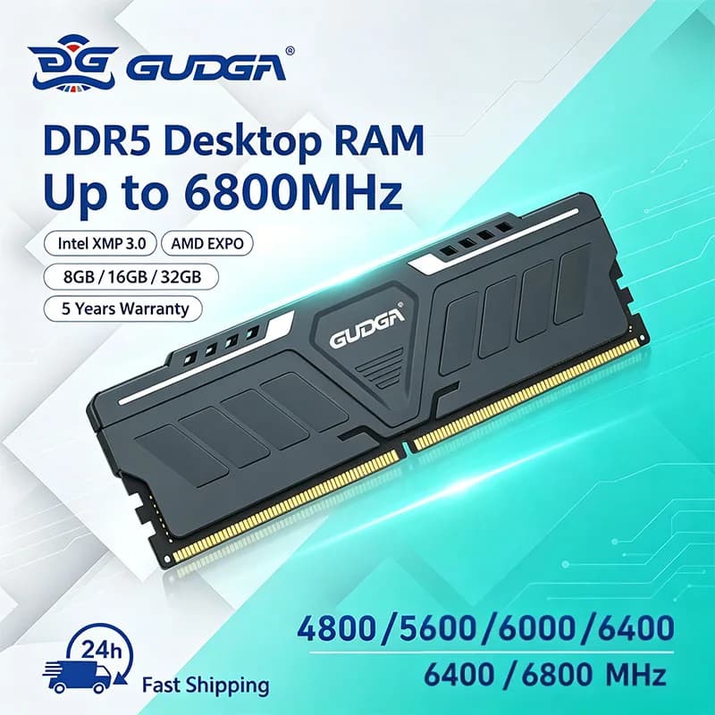 Pamięć RAM GUDGA DDR5 8GB/16GB/32GB 4800-6800MHz UDIMM do komputerów stacjonarnych z aluminiowym radiatorem do samodzielnego montażu komputerów