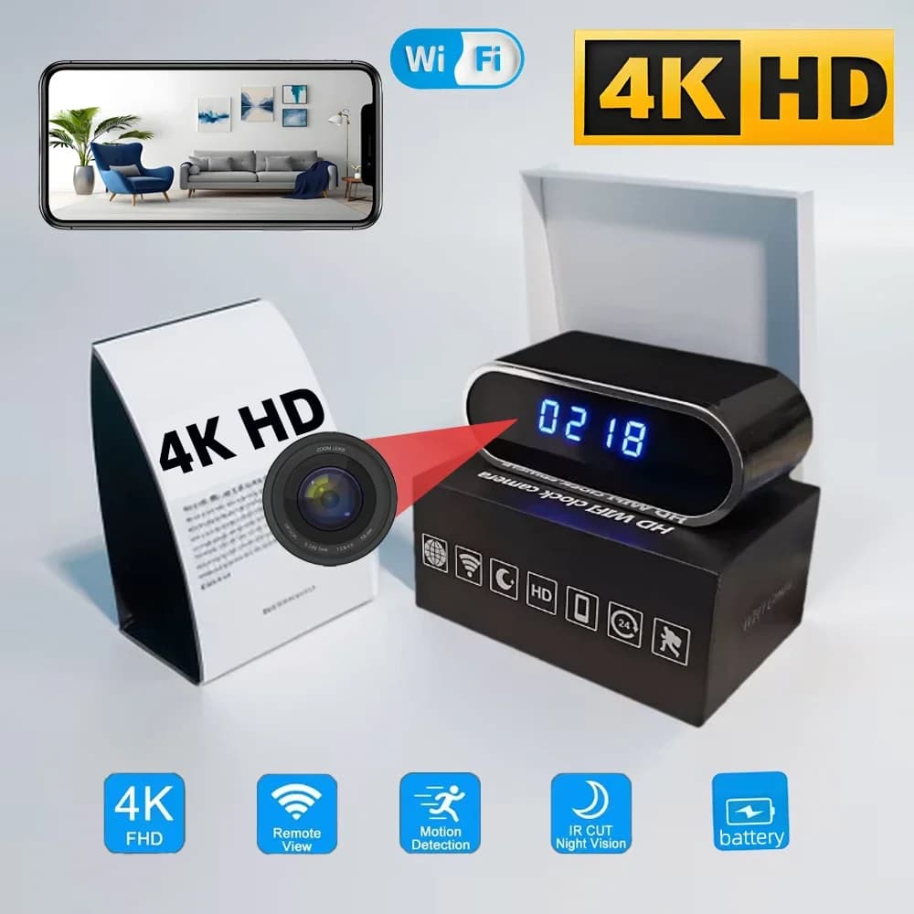 Ulepszona kamera zegarowa 4KHD Mini WiFi, obsługująca zdalny podgląd, wykrywanie ruchu, noktowizję na podczerwień i funkcje mini kamery domowej.