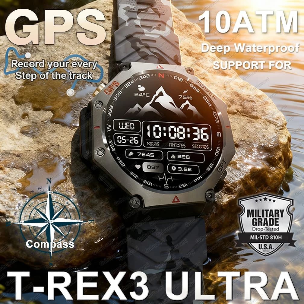 Smartwatch T-Rex 3 Ultra o stopniu militarnym z GPS, wodoszczelny do 10 ATM, kompas, wysokościomierz, barometr, ekran AMOLED, połączenia HD,