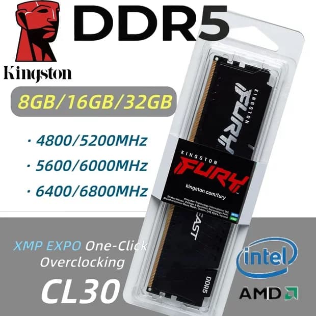 Pamięć RAM Kingston Fury Beast DDR5 Intel XMP3.0/AMD EXPO do komputerów stacjonarnych CL30/40 8/16/32GB 4800/5200/5600/6000/6400/6800Mhz DIMM