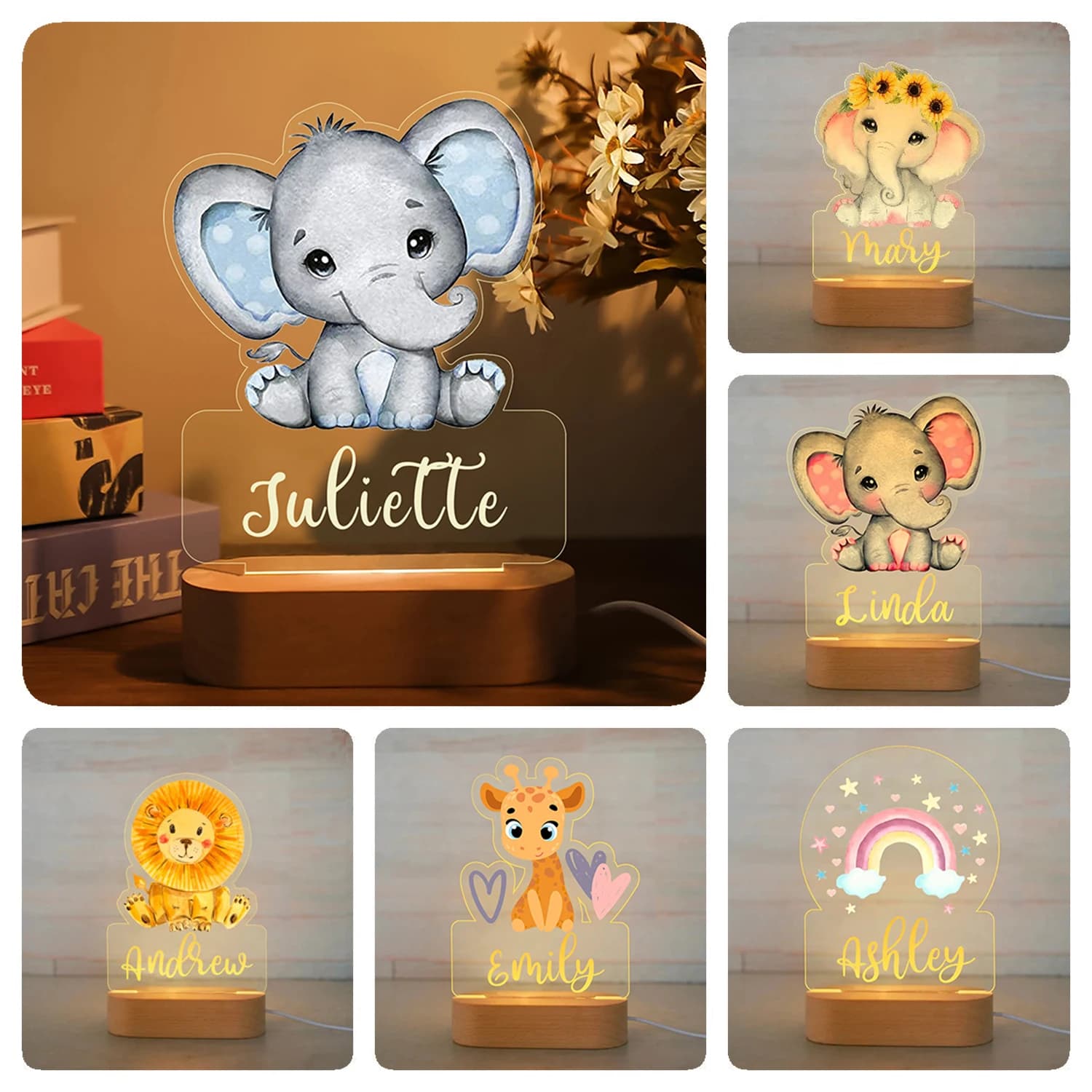 Spersonalizowana lampka nocna dla dzieci z zwierzętami Nazwa własna Lampa akrylowa Dekoracja sypialni dla dzieci Noworodek Urodziny Prezent na Boże