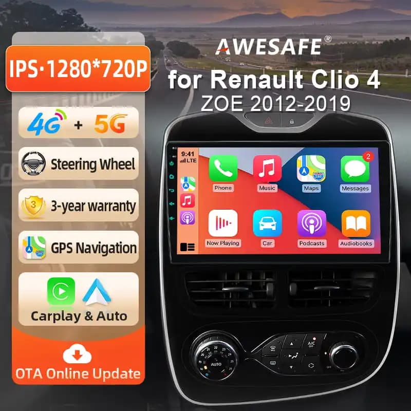 AWESAFE 10-calowe radio Android do Renault Clio IV Clio 4 2012-2019 z bezprzewodowym CarPlay i Android Auto, nawigacja GPS, obsługa multimediów,