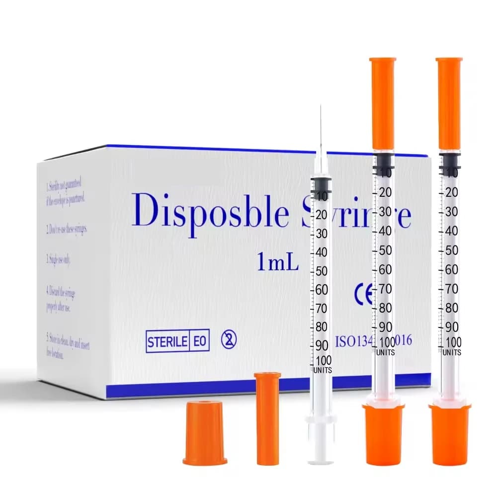 100 szt. 1ml/cc 30G 8mm Jednorazowe, sterylne, pomarańczowe strzykawki insulinyjne z igłą 5/16 cala, pakowane pojedynczo do karmienia zwierząt.