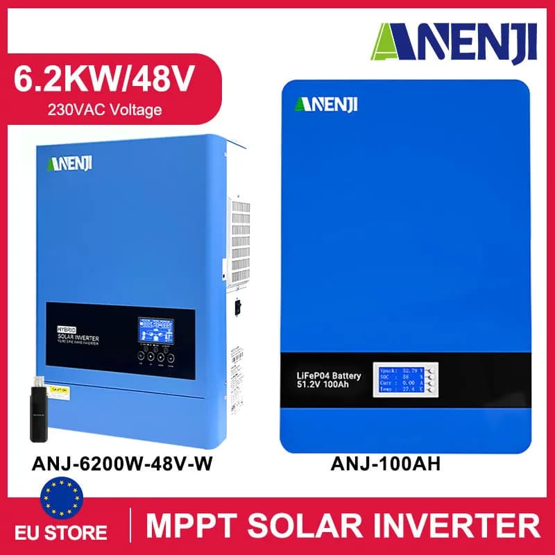ANENJI 51.2V 100Ah Powerwall LiFePO4 Akumulator Ścienny 5Kwh 48V 6.2K Inwerter Solarny do Systemów Solarnych Off/On Grid Wbudowany BMS 6000+ Cykli