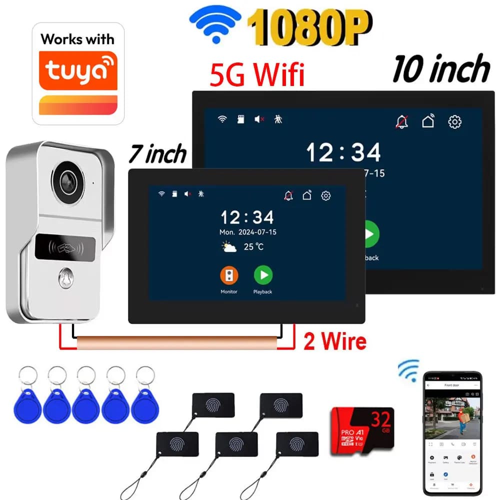 Monitor dotykowy HD 1080P 2-przewodowy 7/10 cali, wideodomofon WiFi, system wideodomofonowy do domu, dzwonek do drzwi, aplikacja Tuya Smart Life