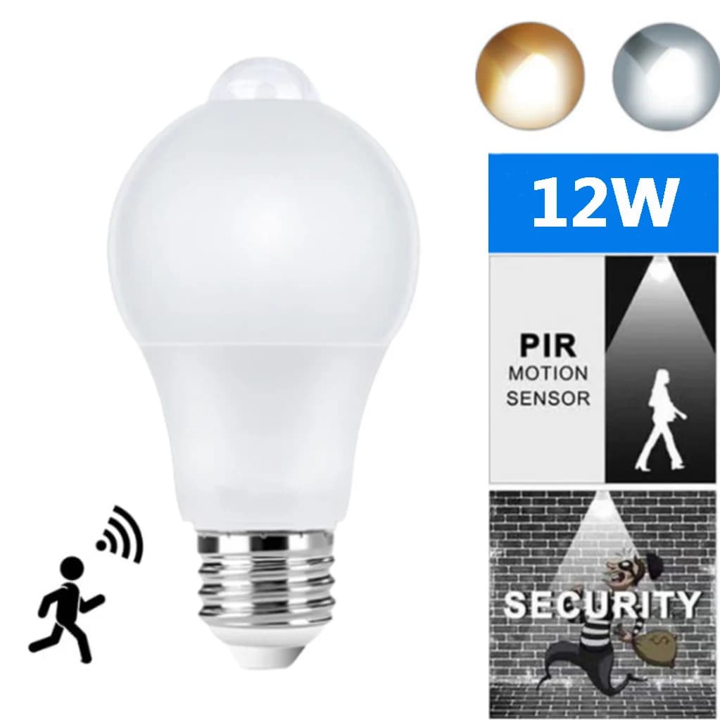 Żarówka LED z czujnikiem ruchu PIR 12W E27 Inteligentna żarówka aktywowana ruchem ON/OFF Lampka do domu na schody