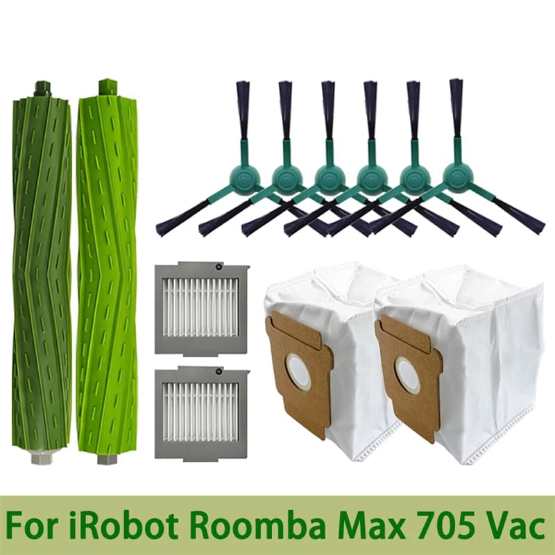 Części zamienne do robota sprzątającego iRobot Roomba Max 705: szczotki główne, szczotki boczne, filtry, worki na kurz, akcesoria.