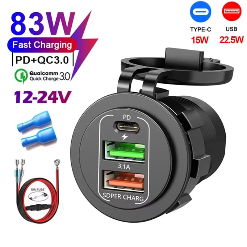 NOWOŚĆ 4-portowa podwójna ładowarka samochodowa PD Dual QC 3.0 USB z gniazdem woltomierza i wodoodpornym adapterem do łodzi samochodowej 12V/24V