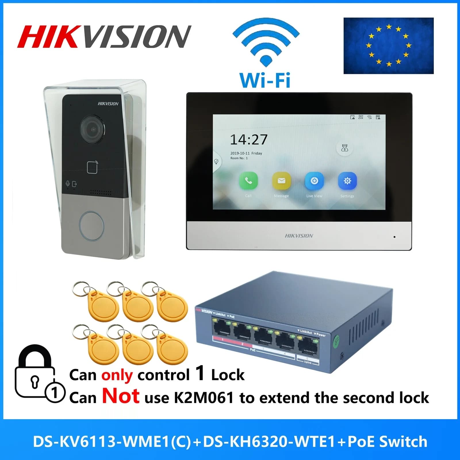 HIKVISION DS-KIS603-P(C) Wielojęzyczny zestaw wideodomofonowy 802.3af POE, zawiera DS-KV6113-WPE1(C) i DS-KH6320-WTE1 i przełącznik PoE