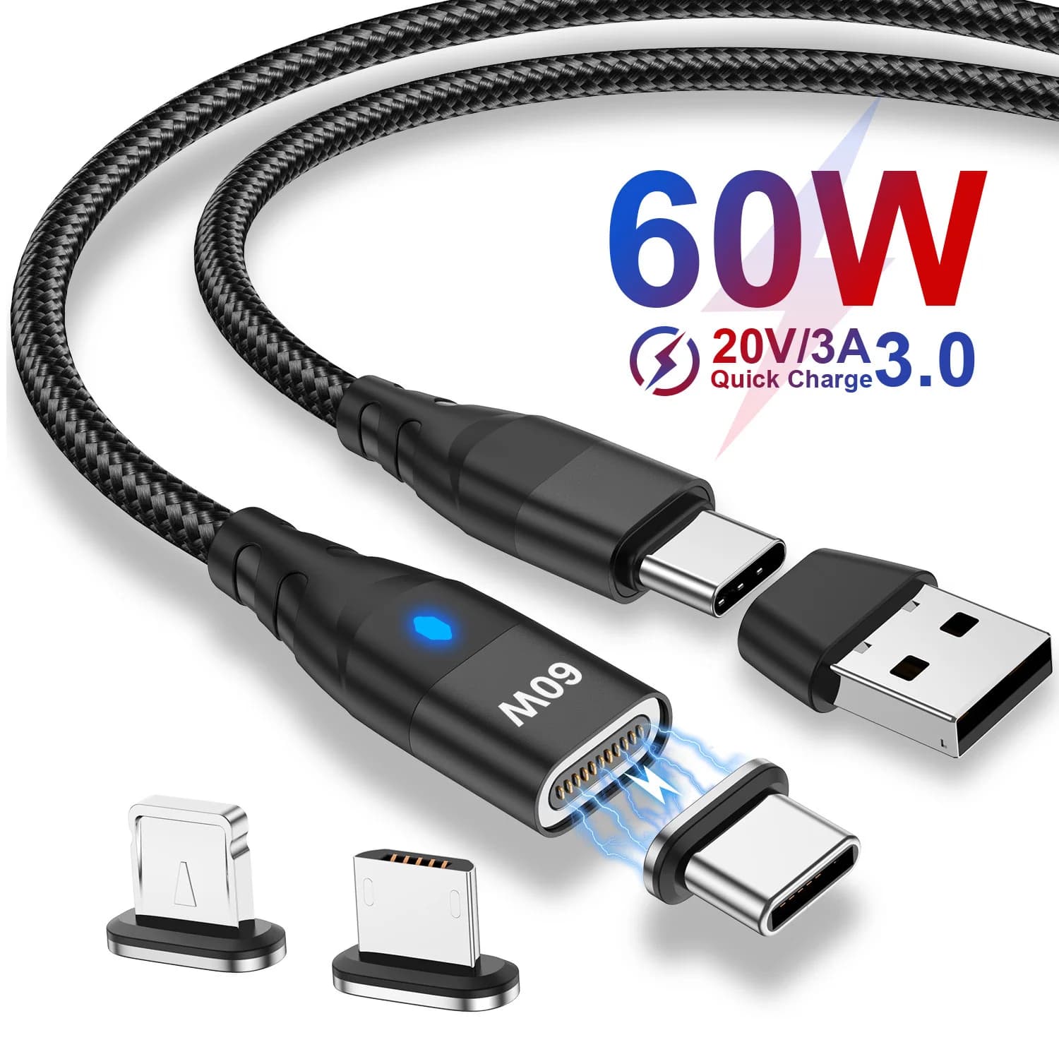 Kabel magnetyczny 60W Szybkie ładowanie USB C do TypeC Micro Magnetyczny przewód do transmisji danych do iPhone Samsung Magnetyczna ładowarka