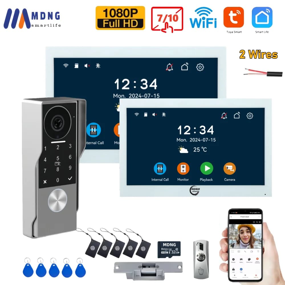 Wideodomofon z 2 przewodami HD 1080P Tuya Wifi, inteligentny dzwonek do drzwi z kamerą, 7-calowy kolorowy ekran dotykowy, odblokowywanie hasłem.