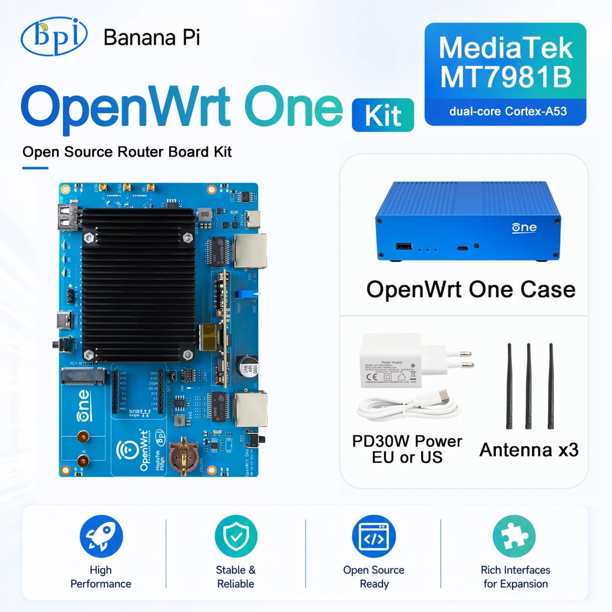 Banana Pi OpenWrt One MediaTek MT7981B 1GB DDR4 2.5GbE RJ45 i Gigabit Ethernet RJ45 256 MiB SPI NAND Open Source Smart Router