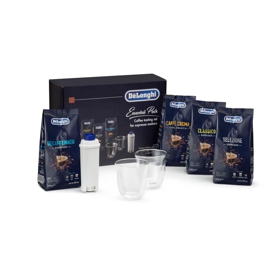 De'Longhi Zestaw Essential z kawą ziarnistą De'Longhi 4 x 250 g, szklankami do Cappuccino x2 i filtrem do wody DLSC317