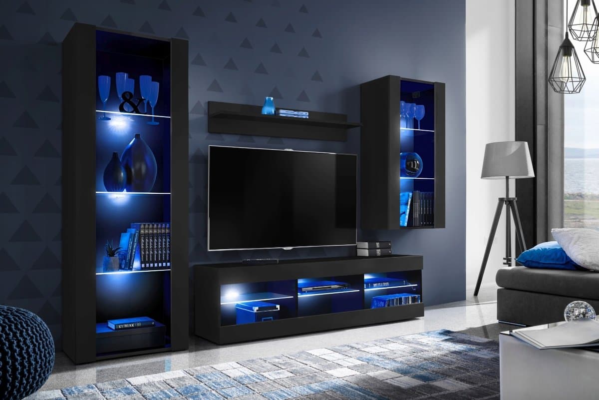 Meblościanka Czarny LED RGB Meble RTV - Zestaw Mebli