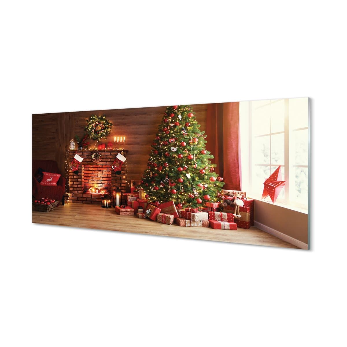 Panel szklany + klej Kominek choinka lampki 125x50 cm