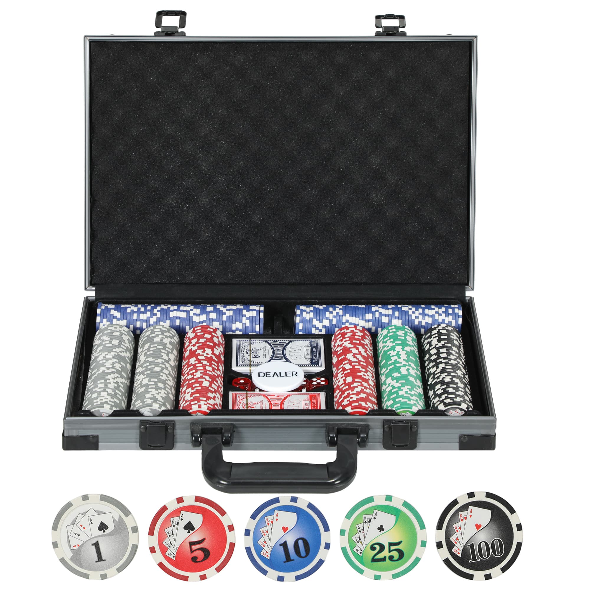 SPORTNOW Zestaw do Pokera, Walizka Pokerowa, 400 Żetonów, 2 Talie Kart, 5 Kostek, Żeton Dealera, Podkładka