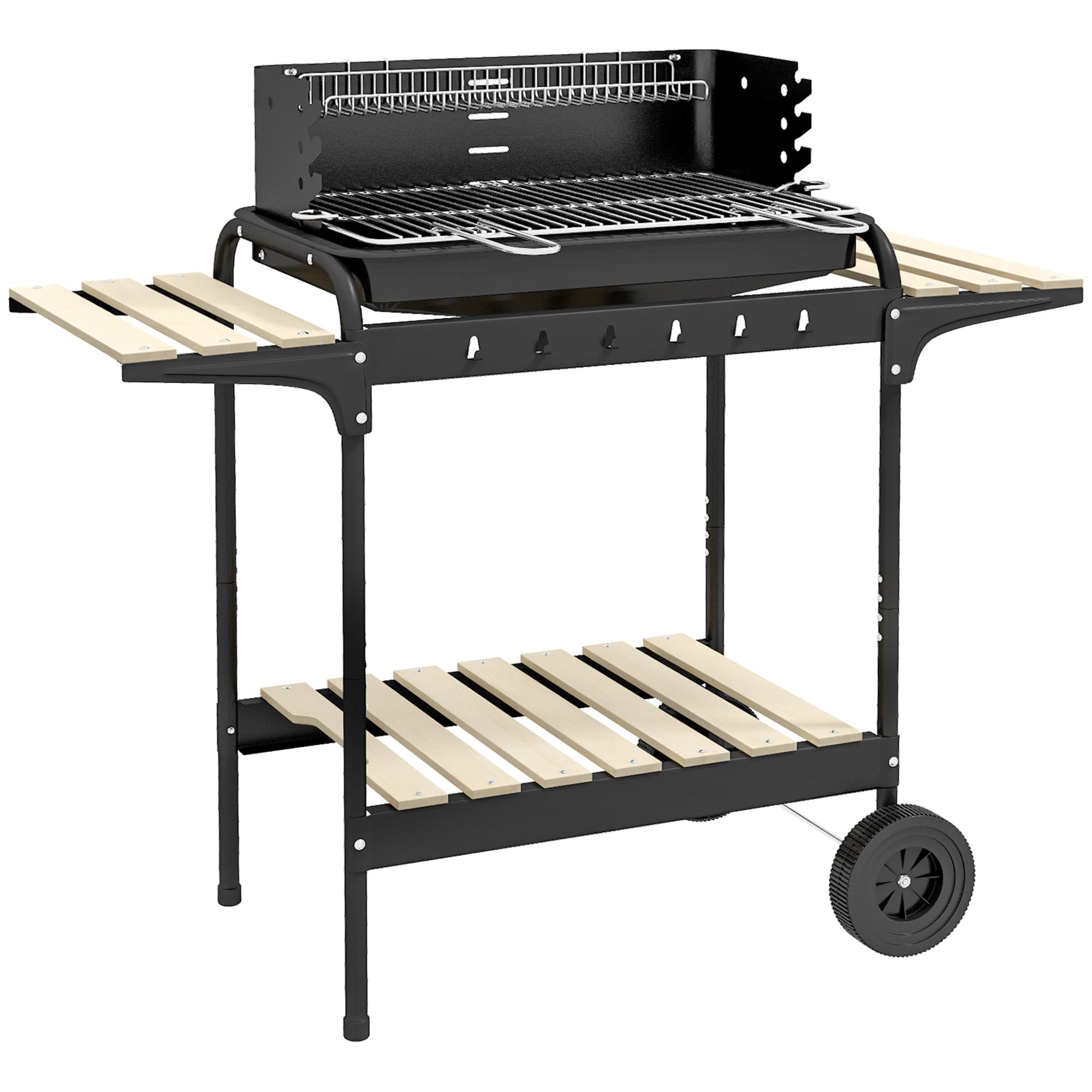 Outsunny Metalowy grill na węgiel drzewny BBQ Smoker z kołami, regulowany ruszt, półka na drewno 103x47x95 cm Czarny