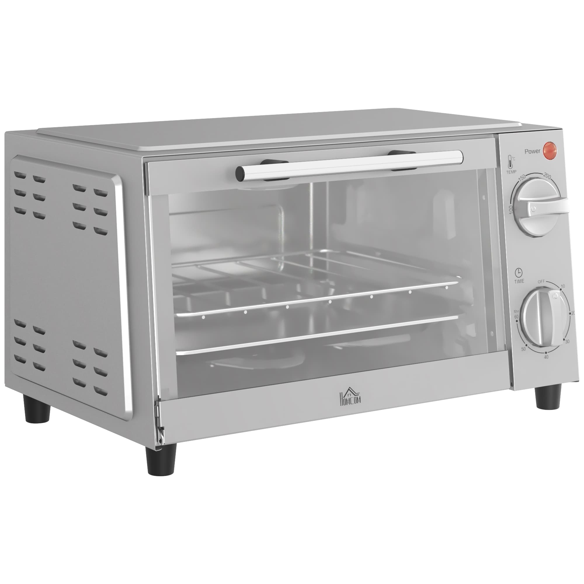 HOMCOM Minipiekarnik 9L, Mini piekarnik z blachą, rusztem, regulowaną temperaturą i czasem pieczenia, stal nierdzewna, srebrny