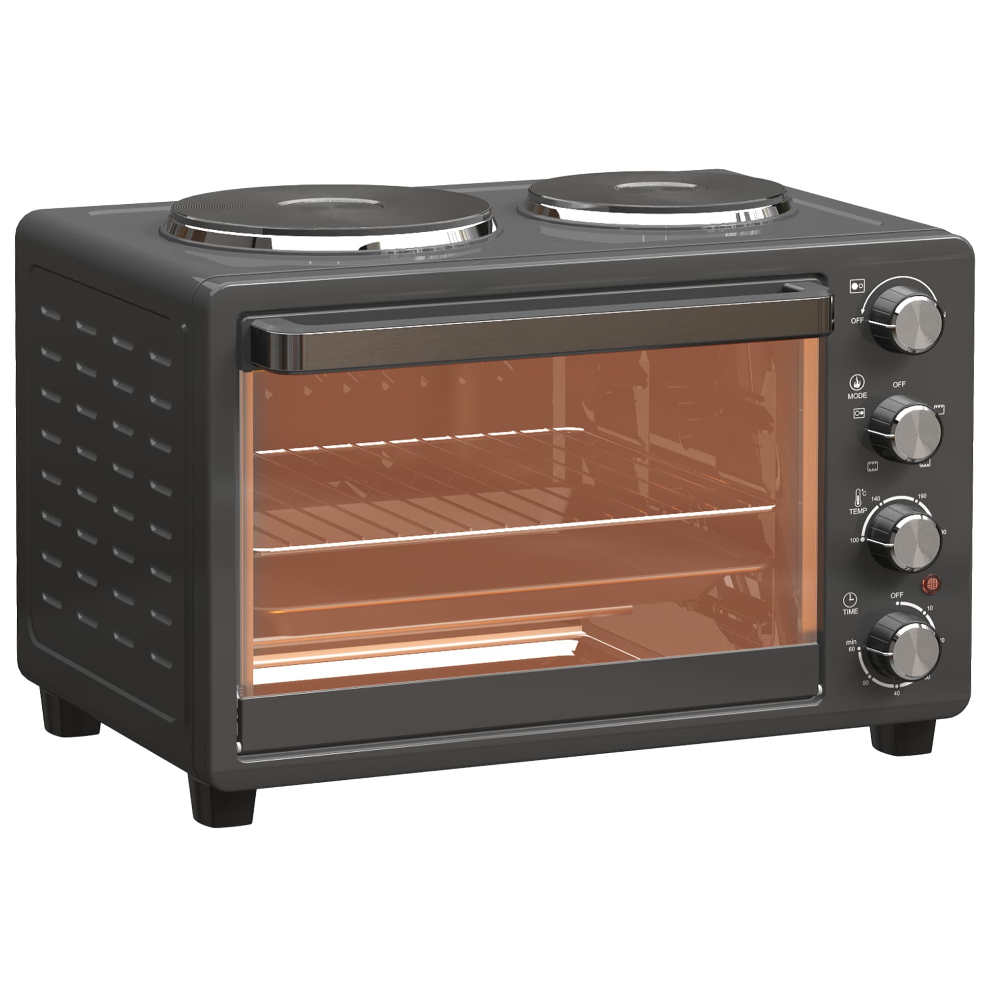 HOMCOM 28 L Mini Piekarnik, Kompaktowy Piekarnik do Gotowania i Grillowania, Elektryczny Piec z Blachą, Rusztem, 2600W - Czarny