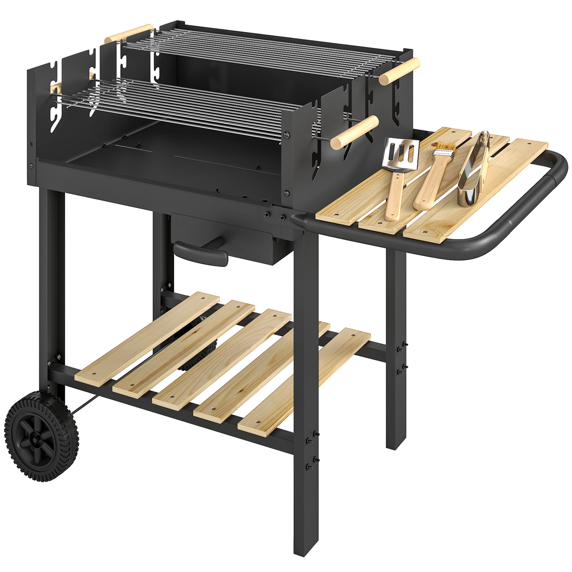 Outsunny Grill na węgiel drzewny z 4-stopniową regulacją wysokości rusztu, 2 drewniane półki, 2 kółka, tacka na popiół, 99,5 x 58 x 82 cm |