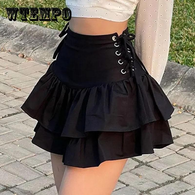 Mini spódniczka damska Streetwear Spódnice damskie Harajuku Y2k Wysoka talia Sznurowana plisowana spódnica Czarna spódnica Gothic Punk Club cm