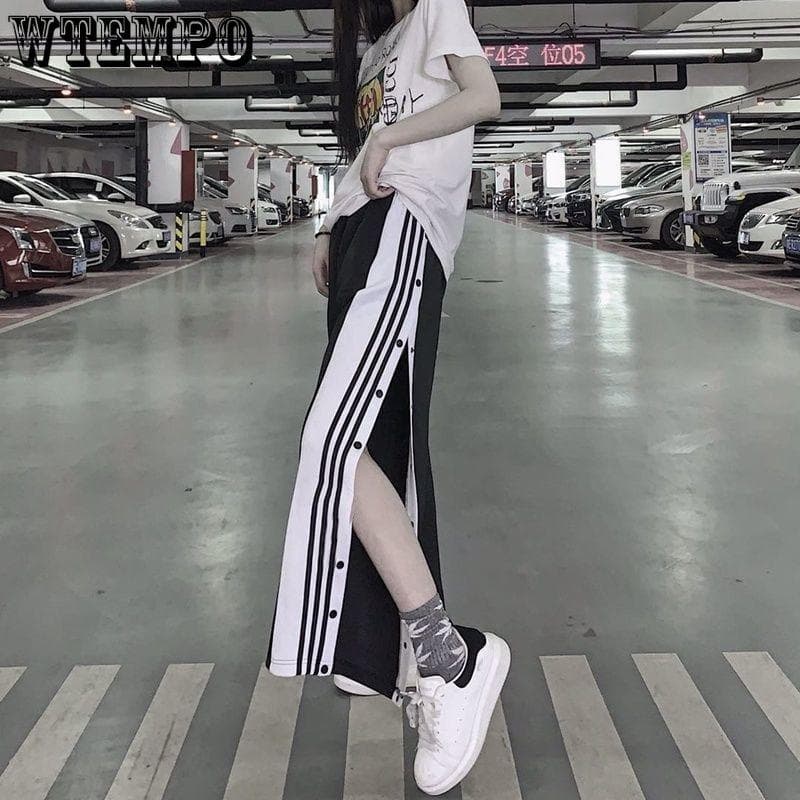 Damskie spodnie dresowe do biegania Spodnie z szerokimi nogawkami Luźne paski Casual Spodnie z wysokim stanem Spodnie Streetwear cm czarny