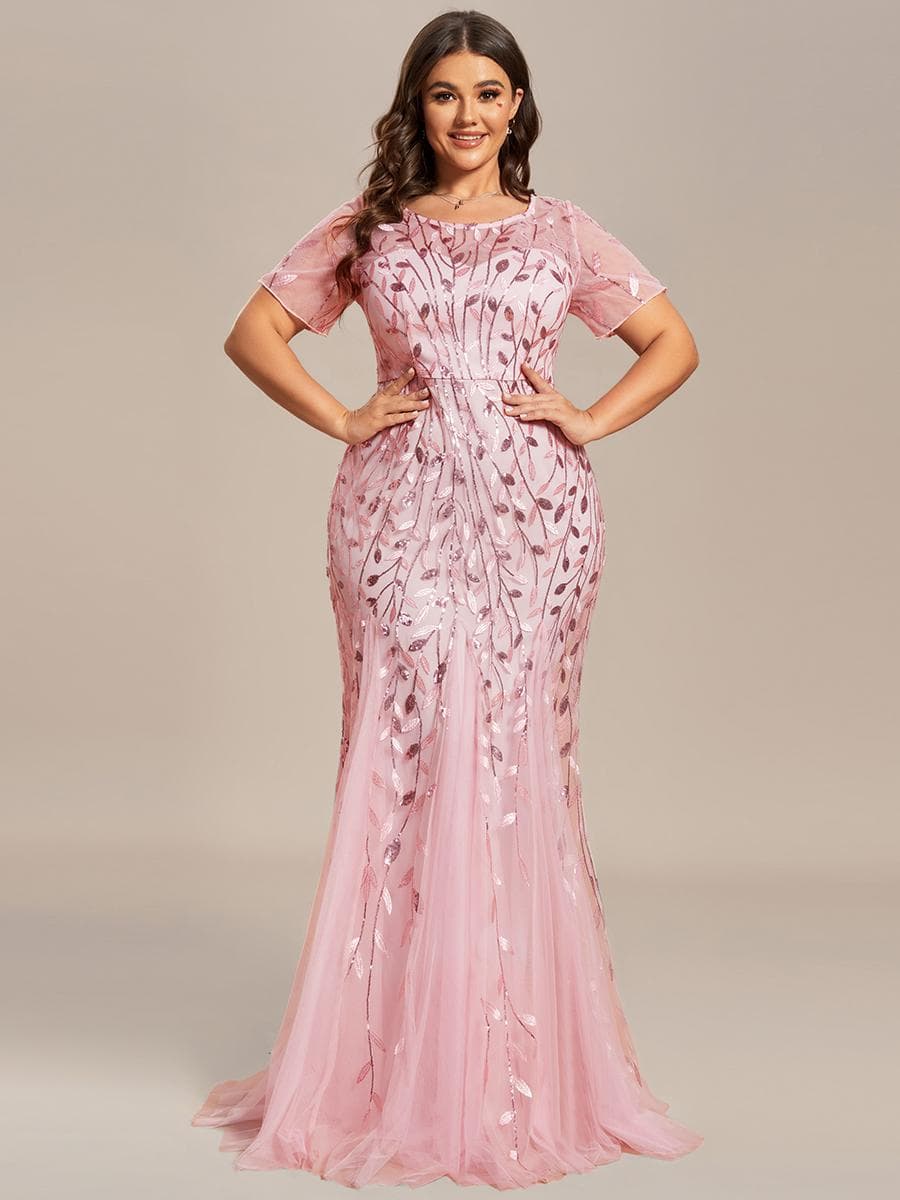 Ever-Pretty Women's Plus Size Floral Cekiny Krótkie rękawy Haft Syrenka Tiulowa suknia wieczorowa cm złoty
