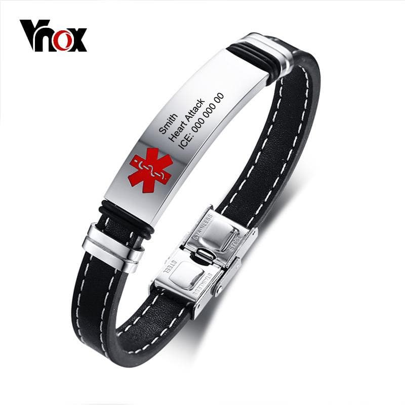 Vnox Personlized Medical Alert ID Bransoletka dla mężczyzn Przywieszka identyfikacyjna ze stali nierdzewnej Prawdziwa skóra Awaryjna męska