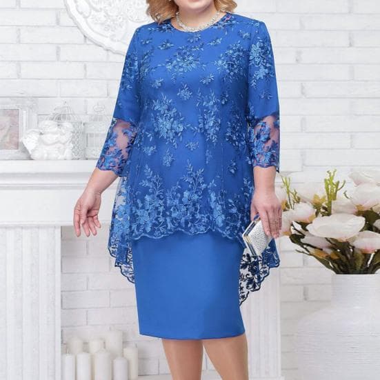 1 zestaw Elegent Beauty Lady Dress Plus rozmiar Midi Cover Up sukienka haftowana koronka kwiat O-neck wysoka talia 44624 rękaw Lady cm niebieski
