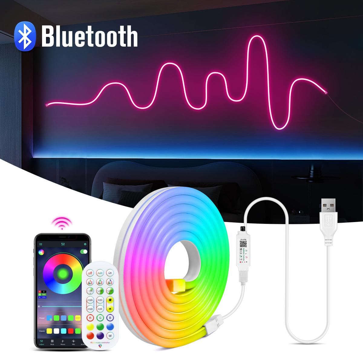 DC5V USB RGB Neonowa taśma LED Wodoodporna taśma neonowa LED Znak Aplikacja Bluetooth i pilot do pokoju TV Decor Oświetlenie ścienne