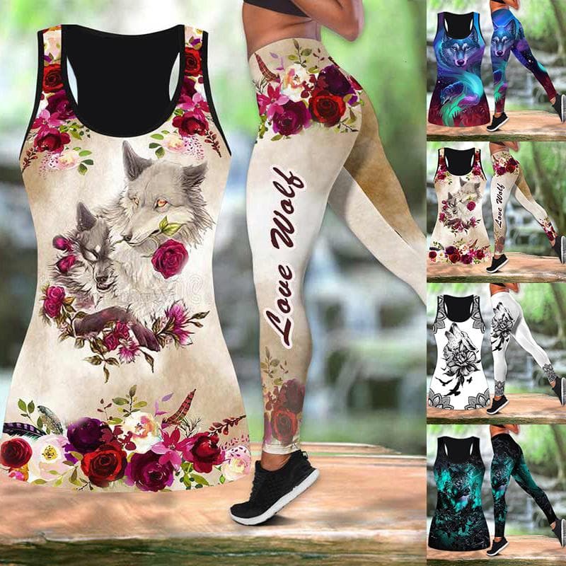 Róża i nadruk wilka strój do jogi dla kobiet moda 3D drukowane legginsy treningowe Fitness sportowe wysokiej talii Casual spodnie do jogi dla
