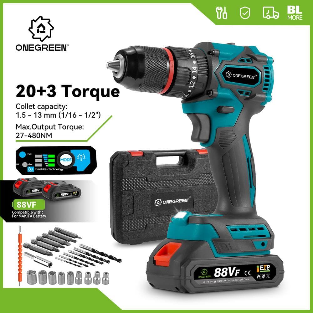 ONEGREEN 1200W 480N.M Moment Obrotowy Bezszczotkowa Elektryczna Wiertarka Udarowa 20 Biegów Akumulatorowa Wkrętarka Narzędzia Elektryczne Do
