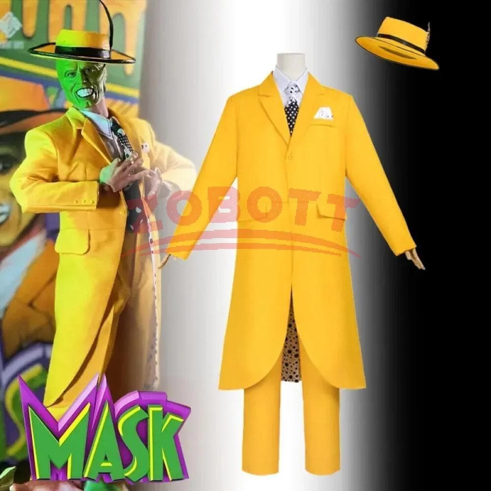 Film Maska Kostium Cosplay Jim Carrey Cosplay Żółty Mundur Męski Garnitur Imprezowy Kapelusz Halloween Joker Clown Rekwizyt Strój Kostium cm