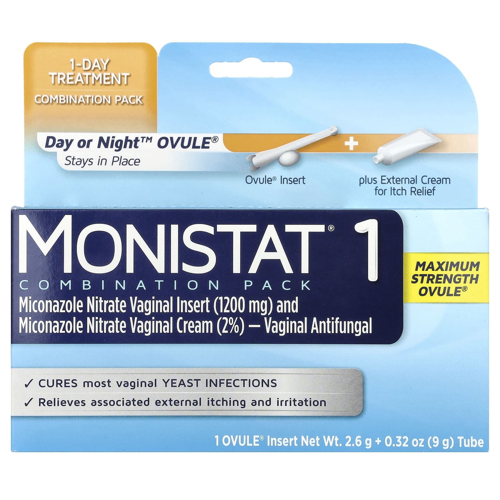 Monistat, 1-dniowe opakowanie łączone, globulka na dzień lub noc, najwyższa skuteczność, 1 wkładka globulki, 2,6 g + 9 g (0,32 uncji) Rura