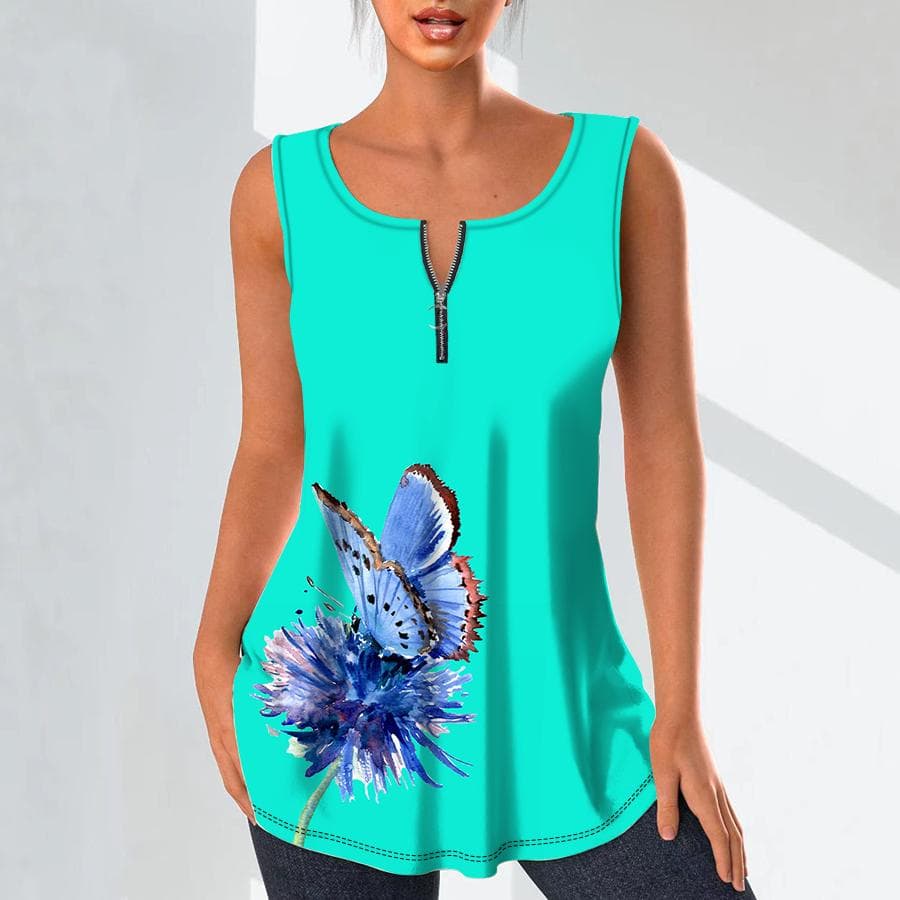 Modne damskie koszule z dekoltem w kształcie litery V Casual topy T-shirt damski 3D niebieskie kwiaty i motyle kamizelka z nadrukiem Plus rozmiar