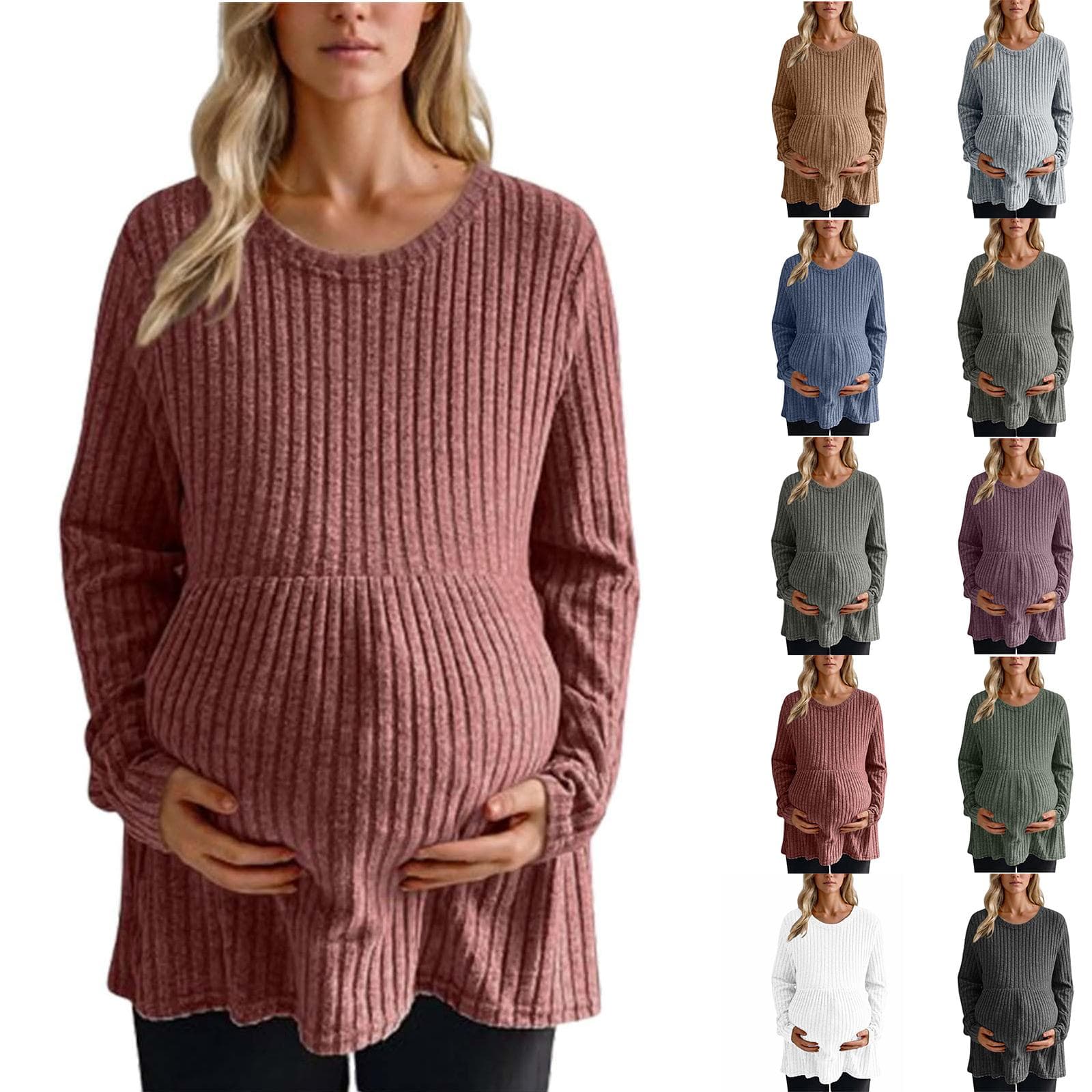 Modna damska tunika ciążowa z długim rękawem, prążkowana bluzka babydoll z okrągłym dekoltem, odzież ciążowa cm błękitny kolor