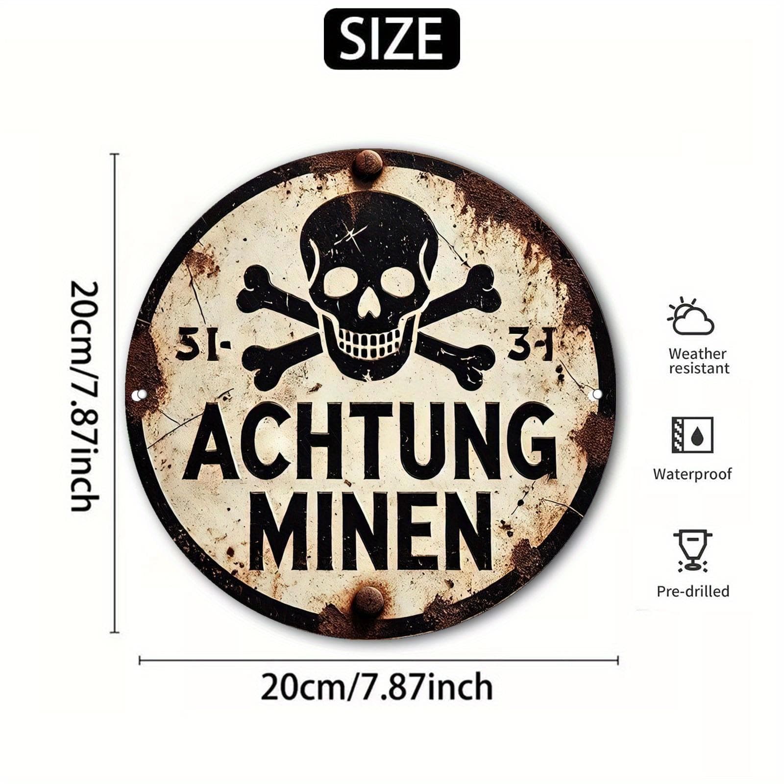 Znak vintage  ACHTUNG MINEN . Dekoracja aluminiowa czaszka i piszczele do baru, kawiarni lub garażu. czysty
