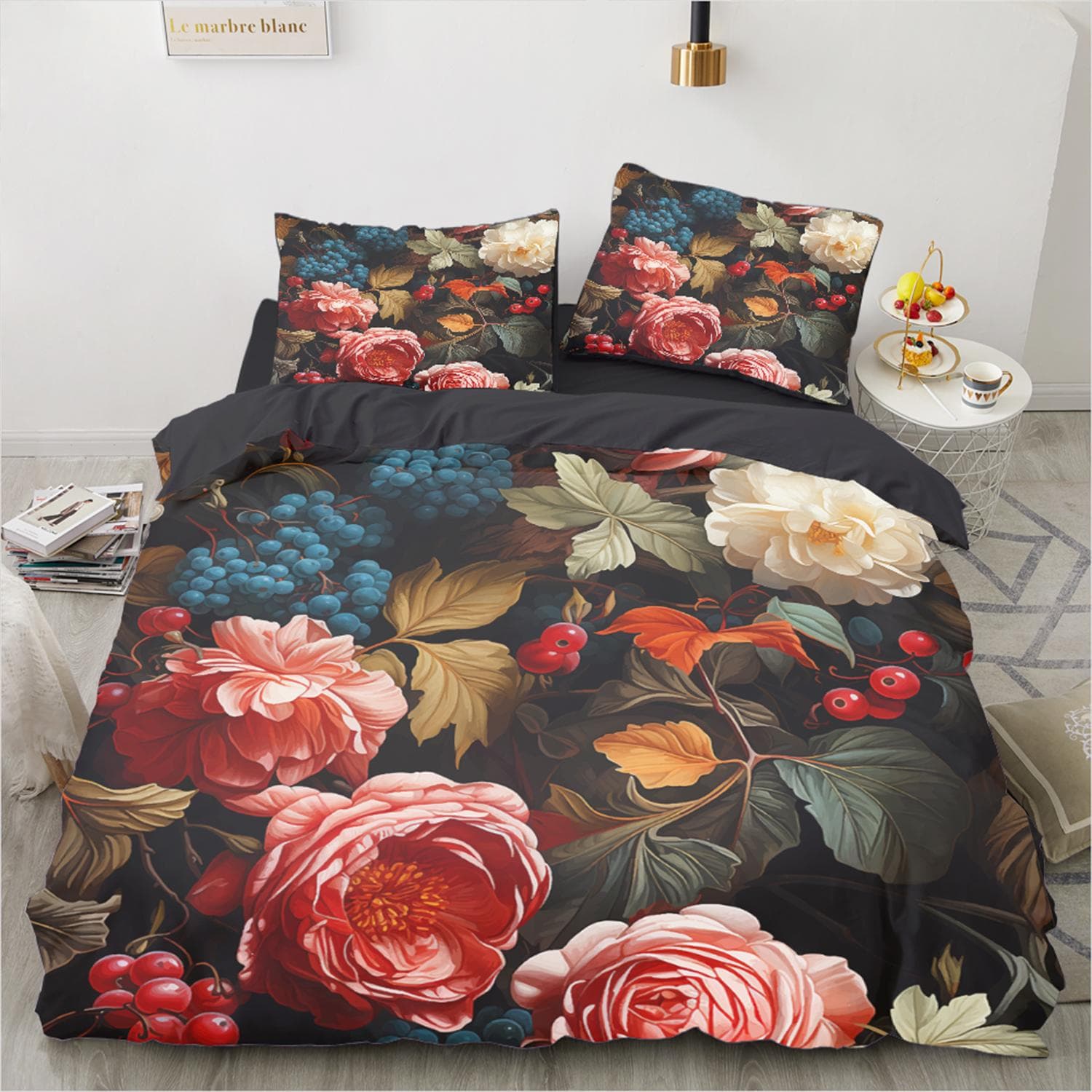 Vintage Zestaw pościeli z różami Czerwony kwiatowy Zestaw poszewek na kołdrę Rozmiar Queen/King 240x220cm 260x220, Materiał mikrofibra Pościel