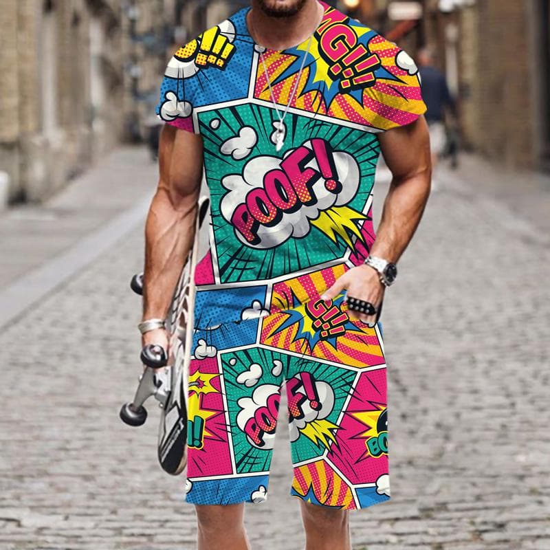 Letni zestaw koszulek męskich Hip Hop śmieszny T-Shirt z krótkim rękawem Szorty 2-częściowy dres Kolorowy strój sportowy na co dzień Odzież