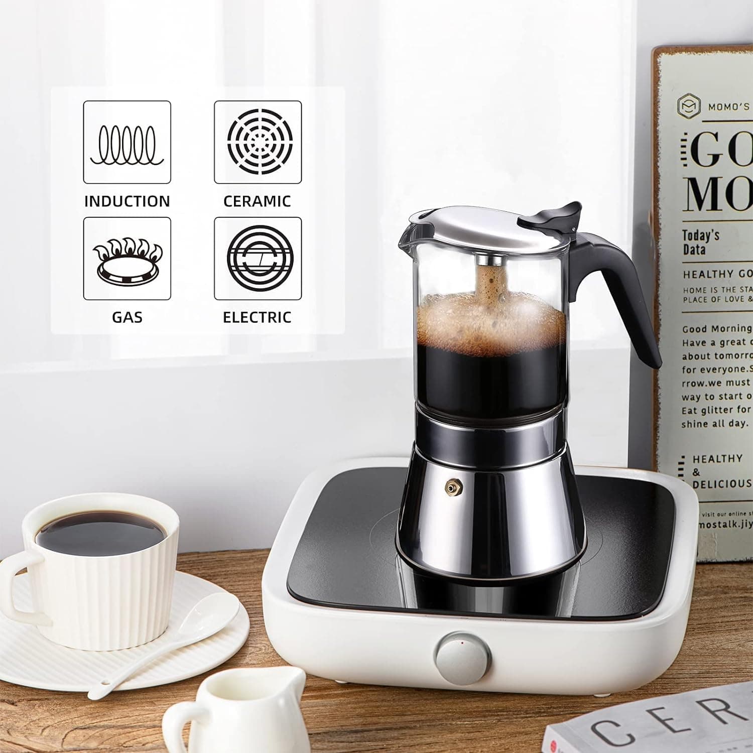 Indukcyjny ekspres do kawy Moka z płytą kuchenną z zaworem ciśnieniowym, blatem ze szkła kryształowego i dzbankiem do espresso ze stali