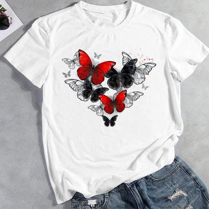 Odzież Casual Love Heart Butterfly 90s Trend Summer Fashion Graphic T-shirt damski Top Tshirt z krótkim rękawem Lady Female Print Tee cm