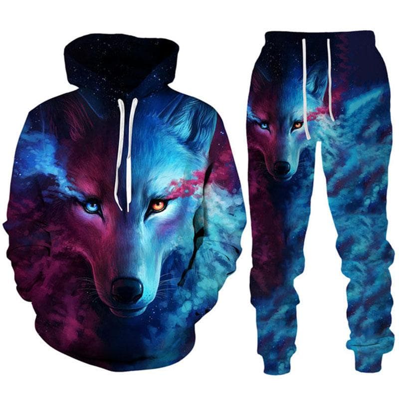 Kolorowy wilk 3D bluzy z kapturem z nadrukiem garnitur męski luźny pulower bluza spodnie dwuczęściowy zestaw fajna moda uliczna para Jogger dres