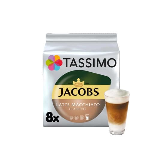Kapsułki do kawy Tassimo Latte Macchiato Classico (kompatybilne z ekspresami kapsułkowymi Bosch Tassimo), 8+8 szt.