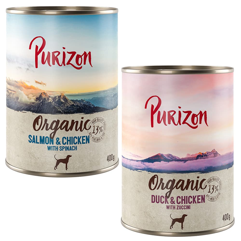 Korzystny pakiet Purizon Organic, 24 x 400 g - Pakiet mieszany II: 12 x biokaczka i biokurczak, 12 x biołosoś i biokurczak