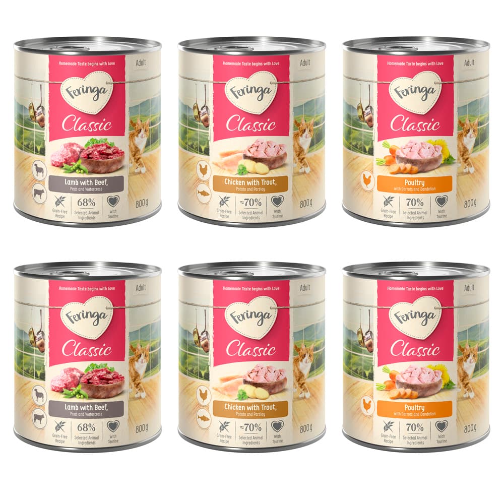 Pakiet mieszany Feringa Classic Meat Menü, 6 x 800 g  - Pakiet mieszany 1: Drób, Jagnięcina i królik, Kurczak i pstrąg
