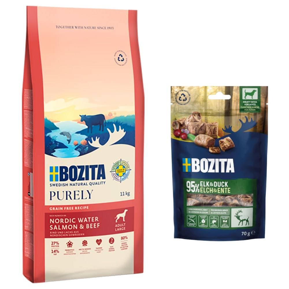 7,5 kg / 11 kg Bozita Dog Purely Grain Free + Bozita Meaty Bites, łoś i kaczka, 2 x 70 g gratis! - dla dużych psów, łosoś i wołowina, 11 kg