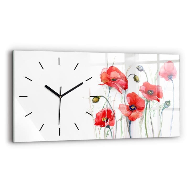 Zegar szklany czarne wskazówki Wallfluent 60x30 cm Malowane czerwone maki 1 szt.